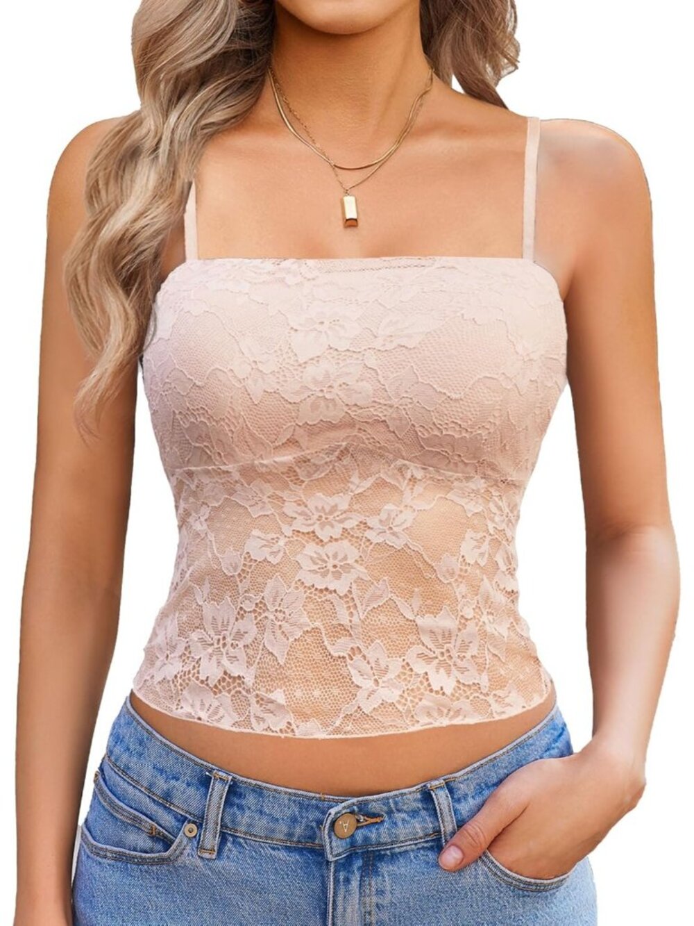 Women's Beige Floral Mesh Lace Crop Camisole Lined Bust Sheer Summer Tank Top
